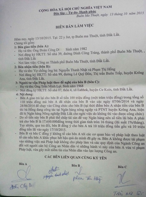 Biên bản ông D CA TP BMT trả tiền'