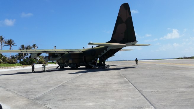 A Taiwanese air force C-130 Hercules parked on the apron at Itu Aba.