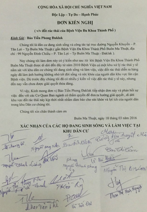Đơn kiến nghị của dân chúng bị ô nhiễm vì máy hấp rác hỏng