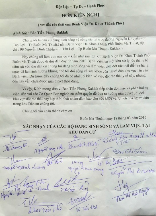 Đơn kiến nghị của khu dân cư bị ô nhiễm vì lò đốt rác của bệnh viện