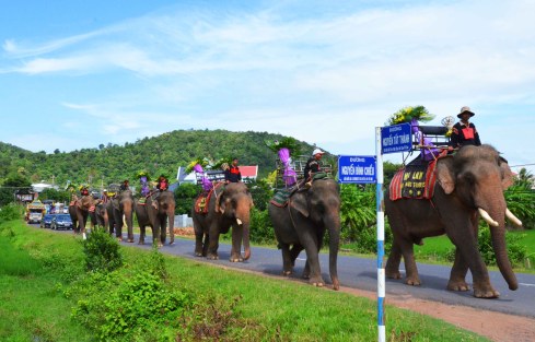 Đội voi chở vòng hoa dẫn đoàn di quan rời thị trấn