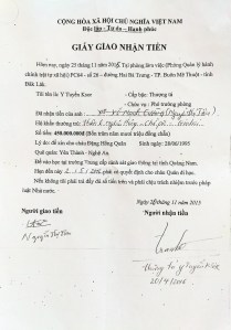 Giấy Thượng tá Y Tuyến nhận 450 triệu của bà Tâm với hứa hẹn chạy trường