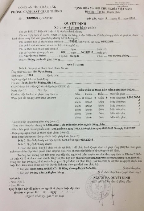 Quyết định xử phạt vi phạm hành chính với Bùi Ngọc Hưng