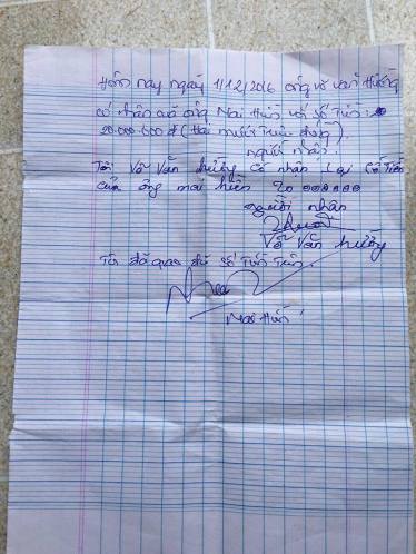 Giấy ông Mai Hiền trả lại 20 triệu đồng cho ông Võ Văn Hường