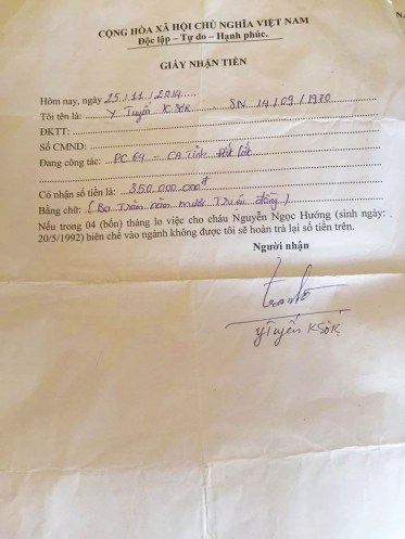Giấy nhận 350 triệu đồng để xin cho anh Hướng vào ngành từ năm 2014