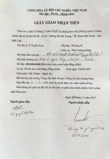 Giấy nhận 450 triệu của bà Tâm