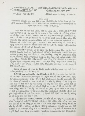 Báo cáo của Sở KHĐT về việc Sở Y tế mua trái phép 111 máy vi tính