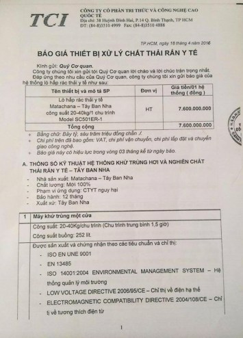 Tờ báo giá lò hấp rác 7 tỉ sáu trăm triệu đồng