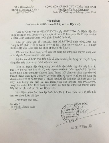 Tờ trình số 682 của giám đốc BV ĐK BMT báo cáo mỗi năm tốn hơn 500 triệu mua túi đựng cho lò hấp rác