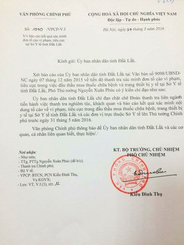 Văn bản chỉ đạo số 1940 của VP Chính Phủ về làm rõ các sai phạm của Y tế Đắk Lắk'