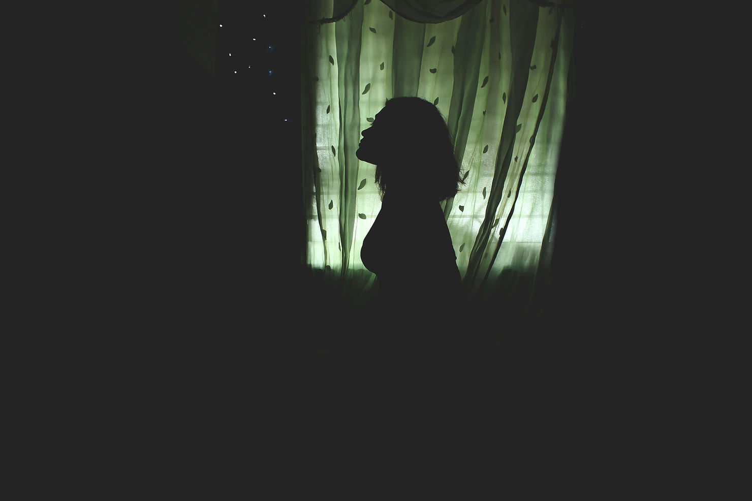 A silhouette of a woman stands in front of a window. She's surrounded by darkness, and the mood is sombre.